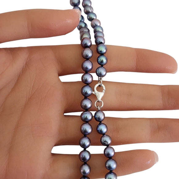 Peacock Blue Pearl Necklace 925 Sterling Silver Clasp Hand Knotted A0039 - Picture 13 of 15
